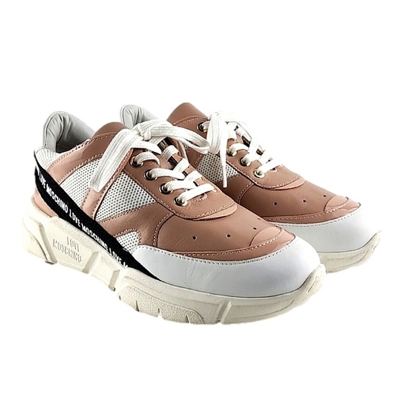 NWT LOVE MOSCHINO Women's Logo-Tape Mesh Salmon Leather Chunky Trainers Sz 8.5 - Picture 3 of 15